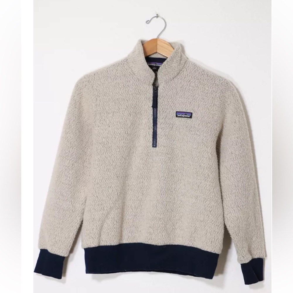 PATAGONIA Rare Wool Blend 1/4 Zip Pullover Fleece Cream Navy Small EUC